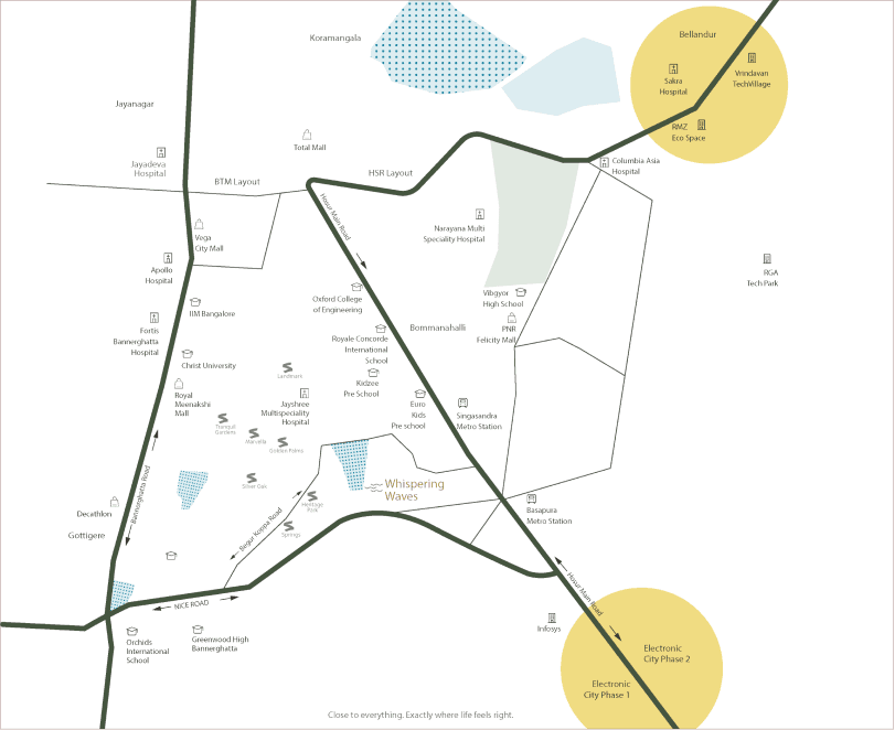 Location map showing Whispering Waves and nearby landmarks